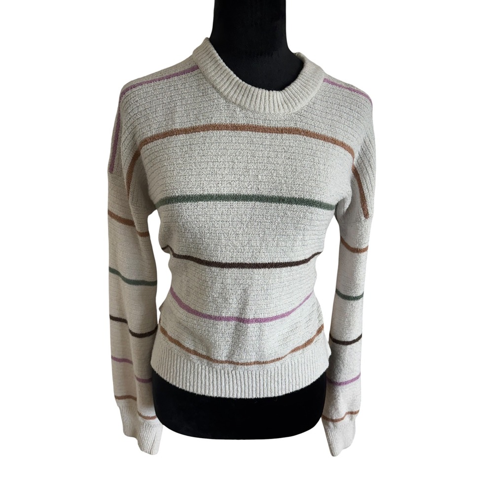 SO Goods For Life Womens Striped Lace Up Side Crewneck Sweater Small Cream